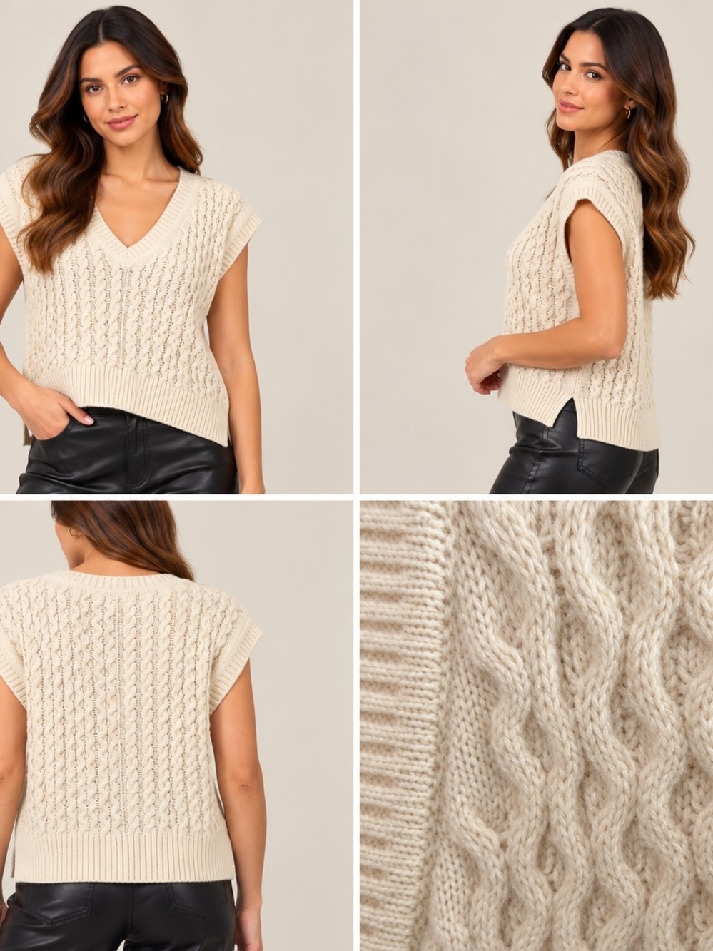 Sugarlips Cream Cable Knit V-Neck Sweater Vest